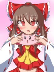Rule 34 | 1boy, 1girl, artist request, ascot, blue eyes, blush, blush stickers, bow, brown hair, colored skin, crossover, detached sleeves, frilled hair tubes, frills, hair bow, hair tubes, hakurei reimu, highres, kirby, kirby (series), nintendo, open mouth, pink skin, red bow, red eyes, ribbon-trimmed sleeves, ribbon trim, touhou, yellow ascot