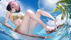 Rule 34 | 1girl, arm support, artist name, ass, bare legs, bikini, black hair, blush, breasts, cloud, cloudy sky, day, diffraction spikes, dutch angle, feet, flower, frilled bikini, frills, full body, green bikini, green eyes, hair flower, hair ornament, halterneck, highres, knees up, large breasts, leaning back, legs, lens flare, long legs, looking at viewer, multicolored hair, navel, ocean, osu!, outdoors, palm tree, parted bangs, pink flower, pink hair, pippi (osu!), platform footwear, sandals, shadow, shaoviie, short hair, sitting, sky, solo, splashing, swimsuit, thighs, toenails, toes, tree, two-tone hair, water, water drop, wet