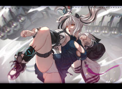 Rule 34 | 15melon, 1girl, animal ears, arknights, bad id, bad pixiv id, bare shoulders, black dress, black footwear, black hair, breasts, brown eyes, character name, china dress, chinese clothes, cleavage, clenched hands, commentary request, dress, feater (arknights), fighting stance, gluteal fold, highres, infection monitor (arknights), jacket, large breasts, letterboxed, long hair, material growth, multicolored hair, off shoulder, open clothes, open jacket, open mouth, oripathy lesion (arknights), panda ears, panties, shoes, short dress, silver hair, sneakers, solo, standing, standing on one leg, streaked hair, sunglasses, thigh strap, thighs, twintails, underwear, unworn eyewear, white panties
