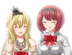Rule 34 | 2girls, 888 (sanpachi), ark royal (kancolle), blonde hair, blue eyes, blunt bangs, bob cut, braid, breasts, cleavage cutout, closed eyes, clothing cutout, commentary request, crown, dress, flower, french braid, hairband, index finger raised, inverted bob, jewelry, kantai collection, long hair, medium breasts, mini crown, multiple girls, necklace, off-shoulder dress, off shoulder, red flower, red hair, red ribbon, red rose, ribbon, rose, short hair, smile, tiara, upper body, warspite (kancolle)
