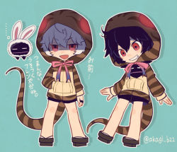 Rule 34 | ..., 2boys, animal costume, animal ears, aqua background, arm at side, arms at sides, black hair, black shorts, bow, bowtie, chibi, cosplay request, creature, dual persona, full body, geta, gradient bow, gradient clothes, grin, hand in pocket, hood, hood up, hoodie, inumaru akagi, jewelry, kuga yuuma, legs apart, lizard tail, long sleeves, looking at another, looking at viewer, looking away, looking down, male focus, multiple boys, pink bow, pink bowtie, rabbit costume, rabbit ears, red eyes, replica, ring, shaded face, shared clothes, short hair, shorts, simple background, smile, standing, striped clothes, striped hoodie, tail, twitter username, white hair, world trigger