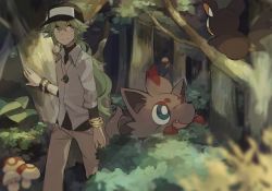 Rule 34 | 10s, 2boys, baseball cap, blue eyes, bracelet, brown hair, bush, chain, collared shirt, creatures (company), emolga, fang, foongus, forest, from behind, game freak, gen 5 pokemon, green hair, hair between eyes, hat, hilbert (pokemon), hood, jewelry, khakis, layered clothes, linaria (ookinahitomi), long hair, looking at another, male focus, multiple boys, n (pokemon), nature, necklace, nintendo, outdoors, plant, pokemon, pokemon (creature), pokemon bw, ponytail, shirt, smile, tree, turtleneck, zorua