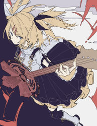 Rule 34 | 1girl, alternate hairstyle, asymmetrical clothes, bass guitar, black thighhighs, blonde hair, boots, cross-laced footwear, dress, expressionless, frilled dress, frills, hair ornament, hairclip, highres, instrument, kagamine rin, kagamine rin (roshin yuukai/hard rkmix), lace-up boots, looking at viewer, looking to the side, moa (fade64222), music, nail polish, playing instrument, pleated dress, roshin yuukai (vocaloid), serious, sidelocks, solo, thighhighs, twintails, two-tone dress, vocaloid, white footwear, yellow nails