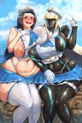 Rule 34 | 2girls, aeda type-g, areola slip, black hair, blue eyes, blue skirt, blush, breast press, dress, faceless, faceless female, female focus, gloves, hat, highres, impossible clothes, invincible dragon (last origin), last origin, levanshousa913, long hair, looking at viewer, midriff, miniskirt, multiple girls, navel, nipples, robot, robot girl, rock, sailor dress, sailor hat, shiny skin, sitting, skirt, sweat, thick thighs, thighhighs, thighs, v, wet, whale tail (clothing), white gloves, white thighhighs, wide hips