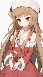Rule 34 | 1girl, :t, bare shoulders, belt, blunt bangs, blush, collarbone, commentary, detached sleeves, dress, flat chest, fur-trimmed dress, fur-trimmed sleeves, fur trim, hat, highres, idolmaster, idolmaster cinderella girls, light brown hair, long hair, long sleeves, looking at viewer, own hands together, pout, red dress, santa costume, santa dress, shone, simple background, solo, strapless, strapless dress, very long hair, white background, yorita yoshino