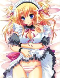Rule 34 | 1girl, blonde hair, blue eyes, blush, breasts, cleavage, clothes lift, detached collar, dress, frilled dress, frills, hairband, izumi tsubasu, large breasts, maid, maid headdress, panties, ribbed dress, short dress, short sleeves, short twintails, skirt, skirt lift, solo, source request, striped clothes, striped panties, twintails, underwear, upskirt, white dress