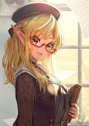 Rule 34 | 1girl, belt, black hat, black neckwear, black ribbon, blonde hair, book, breasts, brown belt, dark-skinned female, dark skin, glasses, hat, highres, holding, holding book, hololive, indoors, long hair, long sleeves, looking at viewer, medium breasts, open mouth, paper, pointy ears, red eyes, revision, ribbon, sailor collar, sakumichi, shiranui flare, shiranui flare (street), smile, solo, upper body, virtual youtuber, white sailor collar, window