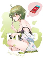 Rule 34 | 1girl, ahoge, bare legs, bare shoulders, barefoot, black tank top, bottomless, breasts, candy, chinese commentary, cleavage, commentary request, controller, crop top, food, from side, full body, game controller, green background, green hair, highres, holding, holding candy, holding controller, holding food, holding game controller, indian style, jacket, kami otona, large breasts, lollipop, long toenails, looking at viewer, nail polish, nintendo switch, off shoulder, original, parted lips, pink hair, plump, purple nails, short hair, sitting, solo, star (symbol), strap slip, tank top, toenails, toes, white background, white jacket, yellow eyes