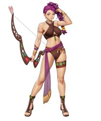 1girl alternate_costume bare_shoulders bikini bow_(weapon) bracelet braid breasts brown_bikini brown_footwear dark-skinned_female dark_skin earrings facial_mark female_focus fire_emblem fire_emblem:_three_houses fire_emblem_heroes flower full_body gladiator_sandals hair_flower hair_ornament highres holding holding_bow_(weapon) holding_weapon jewelry large_breasts long_hair navel necklace nintendo non-web_source official_alternate_costume official_art petra_macneary petra_macneary_(summer) ponytail purple_hair sandals simple_background skindentation solo standing swimsuit tan thigh_strap third-party_source toeless_footwear toes weapon white_background yoshio_(55level)