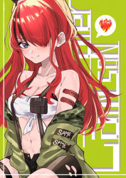 Rule 34 | 1girl, bandeau, bare shoulders, black shorts, breasts, cleavage, collarbone, commentary request, green background, green jacket, grey eyes, hair over one eye, heart, highres, jacket, kuroda (x fve), lain paterson, lain paterson (1st costume), large breasts, long hair, long sleeves, looking at viewer, midriff, multicolored hair, navel, nijisanji, off shoulder, open clothes, open jacket, pouch, red hair, shorts, sitting, smile, solo, spoken heart, stomach, strapless, streaked hair, suspenders, thigh strap, tube top, virtual youtuber