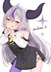 Rule 34 | 1girl, ahoge, bare shoulders, black nails, braid, demon girl, demon horns, detached sleeves, dress, french braid, grin, highres, hololive, horns, la+ darknesss, long hair, multicolored hair, nail polish, oukkmn h, pointy ears, purple hair, purple thighhighs, side slit, silver hair, single thighhigh, smile, solo, streaked hair, thighhighs, thighs, twitter username, virtual youtuber, white background