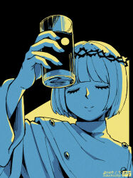 Rule 34 | 1boy, aizawa sachi, androgynous, backlighting, bob cut, capelet, closed eyes, closed mouth, commentary, commentary request, crown of thorns, cup, dated, drinking glass, english commentary, facing viewer, famiresu wo kyouju seyo, hand up, holding, holding cup, limited palette, long sleeves, male focus, mixed-language commentary, railroad spike (famiresu wo kyouju seyo), reflection, reflective water, robe, short hair, signature, simple background, smile, solo, upper body