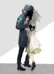 Rule 34 | 1girl, 1other, absurdres, ambiguous gender, animal ear fluff, animal ears, arknights, arm grab, black coat, cat ears, cat girl, closed eyes, coat, covered face, doctor (arknights), dress, from side, full body, green dress, green hair, hand on another&#039;s arm, highres, holding another&#039;s arm, hood, hood up, hooded coat, kal&#039;tsit (arknights), kiss, layton (sanlayton), material growth, medium hair, off-shoulder dress, off-shoulder jacket, off shoulder, oripathy lesion (arknights), signature, star of life, tiptoe kiss, tiptoes