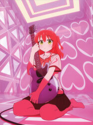 Rule 34 | absurdres, black skirt, bocchi the rock!, bow, cover, dvd cover, electric guitar, gibson melody maker, guitar, hair between eyes, highres, holding, holding instrument, instrument, kerorira, kita ikuyo, long hair, looking at viewer, non-web source, official art, one side up, pleated skirt, red bow, red hair, scan, school uniform, seiza, sitting, skirt, socks, white socks, yellow eyes