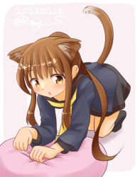 Rule 34 | 1girl, all fours, animal ears, black socks, black sailor collar, black shirt, blue jacket, brown eyes, brown hair, cat ears, cat tail, commentary request, cushion, dated, fumizuki (kancolle), fumizuki kai ni (kancolle), jacket, kantai collection, kneehighs, long hair, long sleeves, neckerchief, necktie, one-hour drawing challenge, ponytail, ray.s, sailor collar, shirt, socks, solo, tail, twitter username, yellow neckerchief