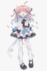 Rule 34 | 1girl, ahoge, animal ears, black bow, black footwear, black neckerchief, black skirt, blue bow, blue eyes, blue skirt, bow, cat ears, cat tail, collar, daizu (melon-lemon), detached ahoge, fake animal ears, fake tail, full body, grey eyes, heterochromia, highres, interlocked fingers, long hair, long sleeves, looking at viewer, mary janes, miniskirt, multicolored clothes, multicolored skirt, neckerchief, no nose, open mouth, original, own hands clasped, own hands together, pink bow, pink hair, shirt, shoes, simple background, skirt, solo, standing, tail, tail ornament, thighhighs, white background, white collar, white shirt, white skirt, white thighhighs