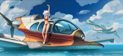 Rule 34 | 1girl, absurdres, aircraft, airplane, barefoot, bikini, blue eyes, blush, breasts, cleavage, cloud, collarbone, commentary, english commentary, flying, gift art, groin, highres, ivan yakushev, looking up, medium breasts, medium hair, navel, on vehicle, original, propeller, red bikini, sky, smile, standing, stretching, swimsuit, vehicle focus