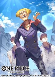 Rule 34 | 3boys, arm behind back, black jacket, black pants, blonde hair, blue neckerchief, bob cut, buttons, commentary request, copyright name, dutch angle, formal, hat, helmeppo, jacket, jewelry, looking at viewer, looking down, male focus, multiple boys, navy, neckerchief, necklace, official art, one piece, one piece card game, pants, sky, suit, sunlight, sunohara (encount)