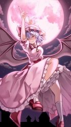 Rule 34 | 1girl, bat wings, brooch, cloud, collar, commentary, dress, frilled dress, frilled headwear, frilled skirt, frilled sleeves, frills, full body, full moon, glint, grin, hair between eyes, hands up, hat, hat ribbon, highres, jewelry, knee up, looking at viewer, mahoro (minase mahoro), medium hair, mob cap, moon, night, pink dress, pink eyes, pink nails, purple hair, red footwear, red ribbon, remilia scarlet, ribbon, scarlet devil mansion, short sleeves, skirt, smile, socks, solo, star (sky), touhou, white socks, wings