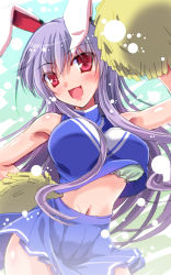 Rule 34 | 1girl, alternate costume, animal ears, bare arms, bare shoulders, blush, bouncing breasts, bra, breasts, rabbit ears, cheering, cheerleader, crop top, female focus, green bra, large breasts, long hair, looking at viewer, midriff, navel, open mouth, pom pom (cheerleading), purple hair, red eyes, reisen udongein inaba, shirt, skirt, sleeveless, sleeveless shirt, smile, solo, touhou, underwear, very long hair, yamu (reverse noise)