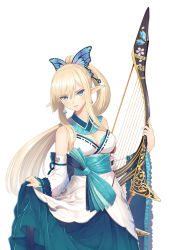 Rule 34 | 1girl, aqua nails, bare shoulders, blonde hair, blue eyes, blue ribbon, bow (weapon), breasts, butterfly hair ornament, cleavage, collar, detached collar, detached sleeves, earrings, fingernails, frilled shirt collar, frilled sleeves, frills, hair between eyes, hair ornament, highres, holding, holding clothes, holding skirt, holding weapon, japanese clothes, jewelry, kirika towa alma, long hair, looking at viewer, medium breasts, nail polish, obi, official art, parted lips, pointy ears, ponytail, ribbon, sash, shining (series), shining resonance, shiny skin, sidelocks, simple background, skirt, smile, solo, strapless, tony taka, weapon, white background, wide sleeves