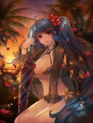 Rule 34 | 1girl, ahoge, bad id, bad pixiv id, between legs, bikini, blue hair, blush, breasts, cleavage, crab, female focus, flower, hair flower, hair ornament, hand between legs, hibiscus, highres, huge breasts, lips, long hair, looking at viewer, luthica preventer, palm tree, parted lips, petals, red eyes, sitting, solo, sun, sunset, swimsuit, sword girls, tree, twintails, umbrella, underboob, very long hair, zonekiller10