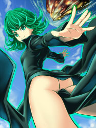 Rule 34 | 1girl, ass, bad id, bad pixiv id, black dress, blue sky, cloud, day, dress, from below, green eyes, green hair, hijikawa arashi, long sleeves, matching hair/eyes, no panties, one-punch man, outstretched arms, side slit, sky, smile, solo, tatsumaki, thighs, upskirt, wide sleeves