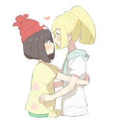 Rule 34 | 2girls, beanie, black hair, blonde hair, blush, creatures (company), eye contact, from side, game freak, green eyes, hat, heart, hug, lillie (pokemon), long hair, looking at another, multiple girls, nintendo, parted lips, pleated skirt, pokemon, pokemon sm, ponytail, profile, puffy short sleeves, puffy sleeves, red hat, selene (pokemon), shirt, short hair, short sleeves, sidelocks, simple background, skirt, tareme, tied shirt, unapoppo, upper body, white background, white shirt, white skirt, yellow shirt, yuri