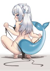 Rule 34 | 1girl, absurdres, ass, backboob, bikini, black bikini, blue eyes, blue hair, blush, breasts, fins, fish tail, from behind, full body, gawr gura, hair ornament, hands up, highres, hololive, hololive english, johnny (braun-kan cafe), long hair, looking at viewer, looking back, multicolored hair, nude, partially visible vulva, presenting, small breasts, smile, solo, spread legs, squatting, streaked hair, string pull, swimsuit, tail, teasing, tiptoes, two-tone hair, undressing, untied bikini, white hair