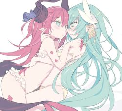 Rule 34 | 2girls, bikini, blade (galaxist), blue eyes, bra, breast press, breasts, elizabeth bathory (fate), elizabeth bathory (fate/extra ccc), eye contact, fate/grand order, fate (series), green eyes, hair between eyes, horns, kiyohime (fate), long hair, looking at another, multiple girls, navel, panties, pink hair, pointy ears, profile, simple background, small breasts, strap slip, swimsuit, symbol-only commentary, symmetrical docking, tail, two side up, underwear, underwear only, very long hair, white background, white bikini, yellow bra, yellow panties, yuri