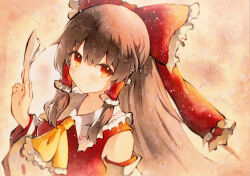 Rule 34 | 1girl, ascot, bow, brown hair, closed mouth, detached sleeves, frilled ascot, frilled bow, frilled hair tubes, frills, hair bow, hair tubes, hakurei reimu, highres, holding, holding paper, long hair, looking at viewer, paper, qqqrinkappp, red bow, red eyes, red vest, ribbon-trimmed sleeves, ribbon trim, sepia, smile, solo, touhou, traditional media, upper body, vest, white sleeves, yellow ascot