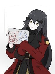 Rule 34 | 1girl, belt, black hair, blue archive, coat, dandelion (girls&#039; frontline), doodle sensei (blue archive), drawing, girls&#039; frontline, griffin &amp; kryuger military uniform, hair between eyes, long hair, looking at viewer, mistertililing, oversized clothes, sensei (blue archive), sleeves past wrists, solo, very long hair, yellow eyes