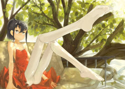 Rule 34 | 1girl, al-qalam, bad id, bad pixiv id, bare shoulders, black hair, branch, collarbone, couch, dress, expressionless, feet, full body, highres, leaf, leg lift, leg up, looking at viewer, md5 mismatch, no shoes, original, outdoors, pantyhose, plant, ponytail, red dress, sitting, sleeveless, sleeveless dress, soles, solo, toes, tree, white pantyhose