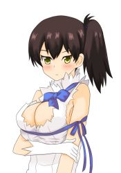 Rule 34 | 1girl, blue ribbon, blush, breasts, brown hair, cleavage, cosplay, expressionless, hestia (danmachi), hestia (danmachi) (cosplay), jin (3611263), kaga (kancolle), kantai collection, large breasts, looking at viewer, ponytail, rei no himo, ribbon, short hair, side ponytail, yellow eyes