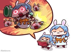 Rule 34 | 2girls, absurdres, animal, animal ears, apron, bazooka, black eyes, blue hair, book, braid, carrot, carrot hair ornament, chibi, closed eyes, creature, fangs, food-themed hair ornament, full body, hair ornament, hands on own hips, highres, holding, holding weapon, hololive, keenbiscuit, long hair, mother and daughter, multiple girls, open mouth, pekomama, reading, red eyes, running, smile, speech bubble, usada pekora, virtual youtuber, weapon, white background