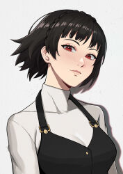 Rule 34 | 1girl, absurdres, black hair, blush, braid, closed mouth, commentary, covered collarbone, crown braid, english commentary, eyelashes, highres, ikhwan maulana, niijima makoto, persona, persona 5, red eyes, short hair, simple background, smile, solo, sweater, turtleneck, turtleneck sweater, upper body, white background, white sweater