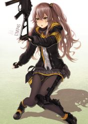 Rule 34 | 1girl, balancing, black footwear, black gloves, black jacket, blush, boots, brown eyes, brown hair, brown pantyhose, character name, chestnut mouth, commentary request, dress shirt, fingerless gloves, girls&#039; frontline, gloves, grey skirt, h&amp;k ump, h&amp;k ump, hair between eyes, hair ornament, highres, hood, hood down, hooded jacket, jacket, long hair, md5 mismatch, one side up, open clothes, open jacket, pantyhose, parted lips, pleated skirt, resolution mismatch, scar, scar across eye, scar on face, shadow, shirt, signature, skirt, solo, source smaller, teeth, ump45 (girls&#039; frontline), upper teeth only, v-shaped eyebrows, very long hair, white background, white shirt, yoka1chi