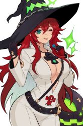 Rule 34 | 1girl, absurdres, ankh, belt, black gloves, bodysuit, breasts, candy, cleavage, food, gloves, green eyes, guilty gear, guilty gear strive, hat, highres, jack-o&#039; valentine, large breasts, lollipop, long hair, multicolored hair, red hair, smgold, smile, solo, studded belt, thighs, two-tone hair, white bodysuit, white hair, witch hat