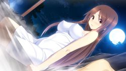 1girl bare_shoulders blush breasts brown_hair covered_erect_nipples game_cg legs long_hair looking_at_viewer ma-ko_hunter moon munashi_mujou night nude onsen sitting sky star_(symbol) steam thighs towel water yellow_eyes