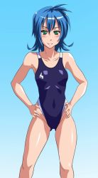 Rule 34 | bad id, bad pixiv id, blue hair, competition swimsuit, green eyes, hands on own hips, one-piece swimsuit, original, short hair, solo, swimsuit, yosiyomogi