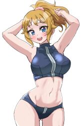 1girl :d absurdres armpits arms_up black_panties black_shirt blonde_hair blue_eyes blush breasts commentary_request contrapposto cowboy_shot cropped_shirt ereka gluteal_fold gundam gundam_build_fighters hair_ornament hair_scrunchie high_ponytail highres hoshino_fumina large_breasts looking_at_viewer medium_hair midriff navel open_mouth panties pink_scrunchie scrunchie shirt sidelocks simple_background sleeveless sleeveless_shirt smile solo teeth underwear upper_teeth_only white_background