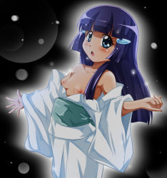 Rule 34 | 1girl, :o, artist request, black background, blue eyes, blue hair, blunt bangs, blush, breasts, character request, copyright request, hair ornament, hairclip, japanese clothes, long hair, looking at viewer, matching hair/eyes, nipples, open mouth, simple background, small breasts, solo, standing