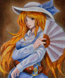 Rule 34 | 1girl, belt, blue dress, brown background, brown eyes, crossed arms, dress, expressionless, folding fan, gradient background, hand fan, hat, hat ribbon, lips, long hair, long sleeves, looking at viewer, oil painting (medium), orange hair, painting (medium), ribbon, rubihi susutake, solo, touhou, traditional media, very long hair, watatsuki no toyohime