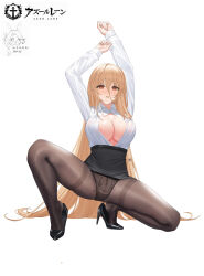Rule 34 | 1girl, absurdres, arms up, azur lane, black footwear, black panties, black pantyhose, black skirt, blonde hair, blush, breasts, chinese commentary, cleavage, clothes lift, collared shirt, copyright name, dress shirt, full body, hair between eyes, high-waist skirt, high heels, highres, implacable (azur lane), implacable (shepherd of the &quot;lost&quot;) (azur lane), lace, lace panties, large breasts, logo, long hair, long sleeves, looking at viewer, nanqizizhou, no bra, official alternate costume, open clothes, open shirt, panties, panties under pantyhose, pantyhose, parted lips, pencil skirt, red eyes, shirt, shirt tucked in, simple background, skirt, skirt lift, solo, spread legs, squatting, straight hair, thighband pantyhose, tiptoes, underwear, very long hair, white background, white shirt, wing collar