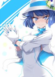 Rule 34 | 1girl, blue background, blue eyes, blue hair, blush, breasts, capelet, closed mouth, commentary, cowboy shot, dress, flower, gloves, hat, hat flower, highres, kurosawa shouichi, long sleeves, looking at viewer, short hair, smile, solo, suntory, suntory nomu, virtual youtuber, white dress, white gloves, white hat