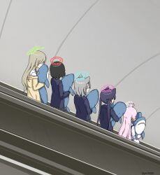 Rule 34 | 5girls, ahoge, animal ears, black hair, blue archive, blue jacket, cat ears, collared shirt, commentary request, escalator, foreclosure task force (blue archive), grey hair, halo, hifumi (blue archive), highres, holding, holding stuffed toy, hoshino (blue archive), ikea shark, jacket, multiple girls, nonomi (blue archive), photo-referenced, pink hair, plaid, plaid skirt, pleated skirt, pointy ears, school uniform, serika (blue archive), shiroko (blue archive), shirt, short hair, skirt, smile, standing, stuffed animal, stuffed shark, stuffed toy, twintails, twitter username, white shirt, wolf ears, yellow jacket, yukko (hcryh955)