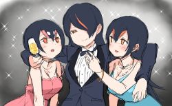 Rule 34 | 10s, 3girls, alcohol, alternate costume, bad id, bad twitter id, breasts, champagne, champagne flute, choir (artist), cleavage, collared shirt, commentary request, cup, dress, drinking glass, emperor penguin (kemono friends), gentoo penguin (kemono friends), girl sandwich, hair between eyes, hair over one eye, harem, heart, heart-shaped pupils, humboldt penguin (kemono friends), jewelry, kemono friends, multiple girls, necklace, oekaki, one eye covered, sandwiched, shirt, side-by-side, smile, sparkle, sparkle background, symbol-shaped pupils, tuxedo