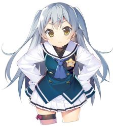 Rule 34 | 1girl, 3:, blue neckwear, blue vest, blush, closed mouth, commentary request, copyright request, cowboy shot, cropped legs, hands on own hips, long hair, long sleeves, looking at viewer, meito (maze), pleated skirt, school uniform, serafuku, shirt, sidelocks, silver hair, simple background, skirt, sleeves past fingers, sleeves past wrists, solo, thigh strap, two side up, v-shaped eyebrows, very long hair, vest, white background, white shirt, white skirt, yellow eyes