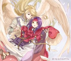 Rule 34 | 1boy, 1girl, blonde hair, blush, circlet, closed mouth, feathered wings, feathers, fire emblem, fire emblem: path of radiance, fire emblem: radiant dawn, fire emblem heroes, green eyes, haru (nakajou-28), headband, long hair, long sleeves, nintendo, open mouth, purple hair, red headband, reyson, robe, sanaki kirsch altina, sleeves past fingers, sleeves past wrists, white wings, wings, yellow eyes