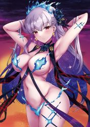 Rule 34 | 1girl, anklet, armpits, arms behind head, arms up, bare shoulders, beach, blue fire, blue hair, blush, body markings, breasts, earrings, fate/grand order, fate (series), fire, flower, gairou (takakuan), gradient sky, hair flower, hair ornament, hair ribbon, highres, jewelry, kama (fate), kama (swimsuit avenger) (fate), kama (swimsuit avenger) (third ascension) (fate), large breasts, long hair, looking at viewer, lotus, multicolored hair, navel, ocean, orange sky, purple sky, red eyes, revealing clothes, ribbon, sky, solo, star (symbol), star earrings, twilight, two-tone hair, white hair